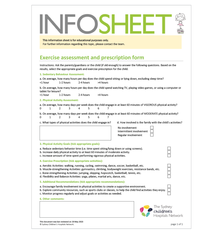 Figure 1. An example of a paediatric exercise assessment and prescription form